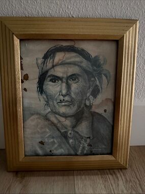 Antique Gold Framed Native American signed artwork 13”x11”